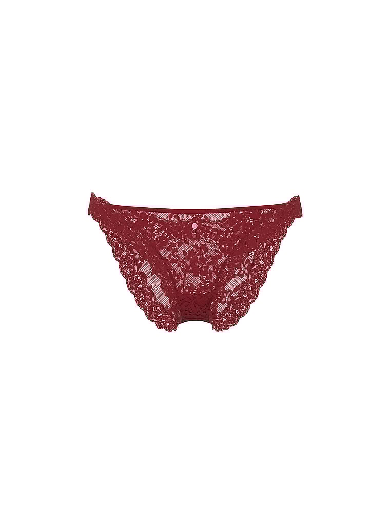 Victoria's Secret, Dream Angels Bridal Tulle Ruffle Pom-Pom String Bikini Panty, Sangria Red, offModelFront, 3 of 3