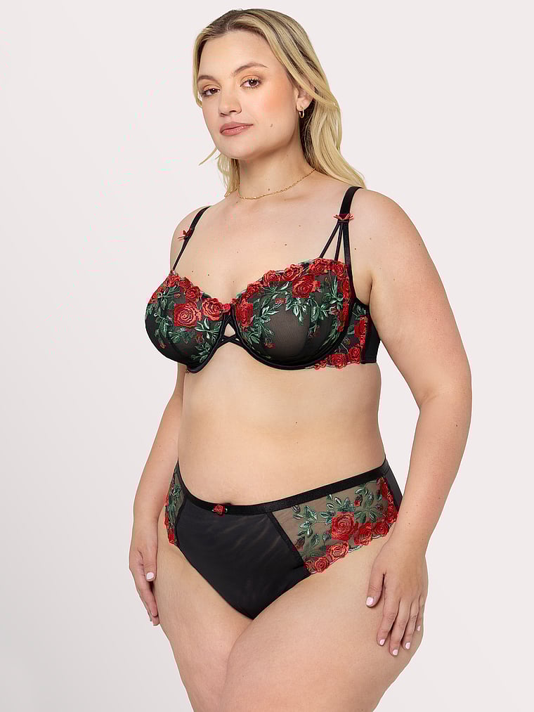 Victoria's Secret, Curvy Couture Lush Embroidery Strappy Back Brief, Rose Garden Embroidery, onModelSide, 3 of 4