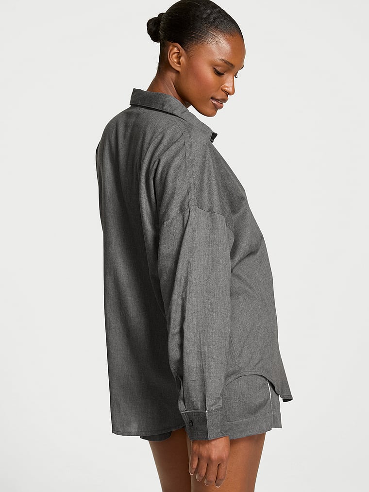 Victoria's Secret, Victoria's Secret Modal-Cotton Long-Sleeve Short Pajama Set, Heather Anthracite, onModelBack, 3 of 3 Tsheca  is 5'9" or 175cm and wears S/Long