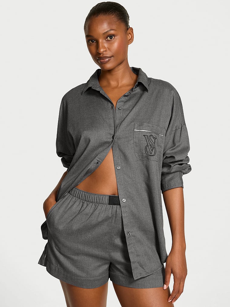 Victoria's Secret, Victoria's Secret Modal-Cotton Long-Sleeve Short Pajama Set, Heather Anthracite, onModelFront, 2 of 3 Tsheca  is 5'9" or 175cm and wears S/Long