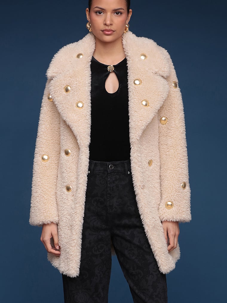 Victoria's Secret, Avec Les Filles Belted Robe Fur Coat, Ivory/Gold Studded, onModelFront, 1 of 3