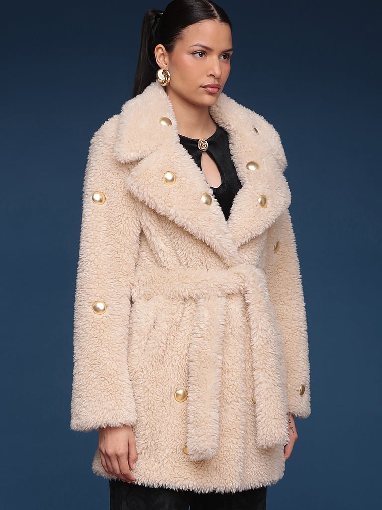 Victoria's Secret, Avec Les Filles Belted Robe Fur Coat, Ivory/Gold Studded, onModelSide, 3 of 3