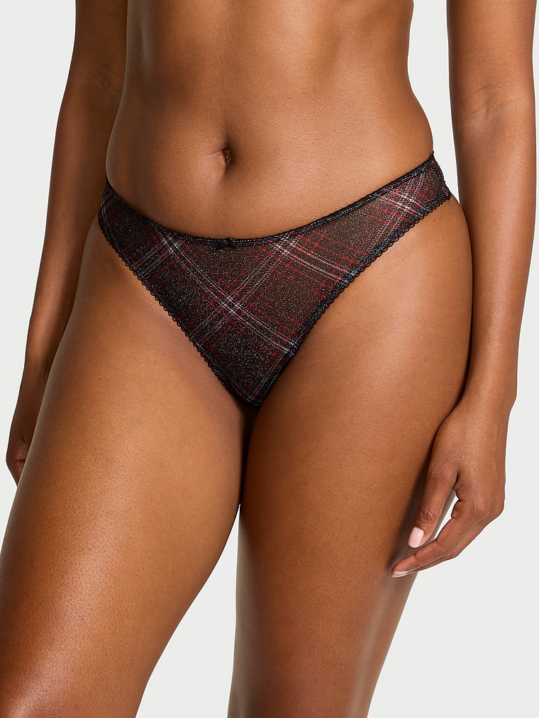 Victoria's Secret, The Lacie Lace Thong Panty, Black Plaid, onModelFront, 1 of 4 Tsheca  is 5'9" and wears Small