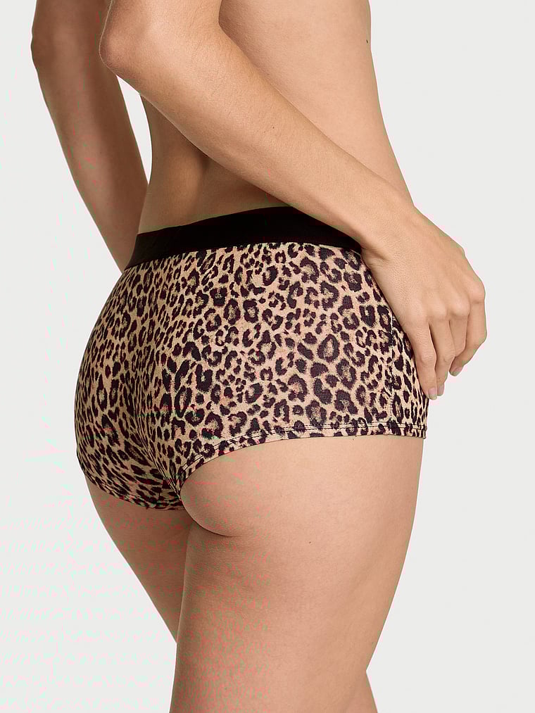 Victoria's Secret, Cotton Logo Cotton Shine Patch Boyshort Panty, Natural Leopard, onModelBack, 2 of 3 Maggie is 5'7" or 170cm and wears Small