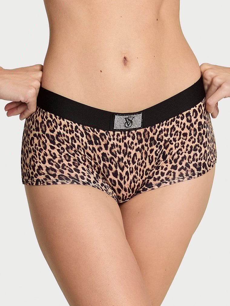 Victoria's Secret, Cotton Logo Cotton Shine Patch Boyshort Panty, Natural Leopard, onModelFront, 1 of 3 Maggie is 5'7" or 170cm and wears Small