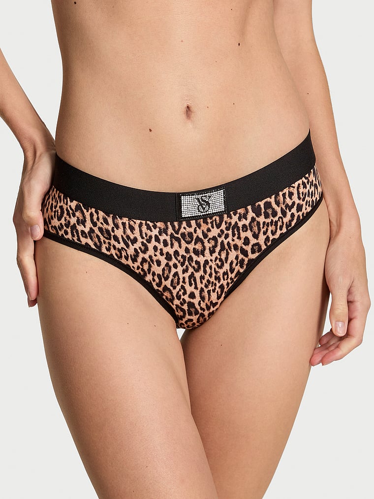 Victoria's Secret, Cotton Logo Cotton Shine Patch Hiphugger Panty, Natural Leopard, onModelFront, 1 of 2 Maggie is 5'7" and wears Small
