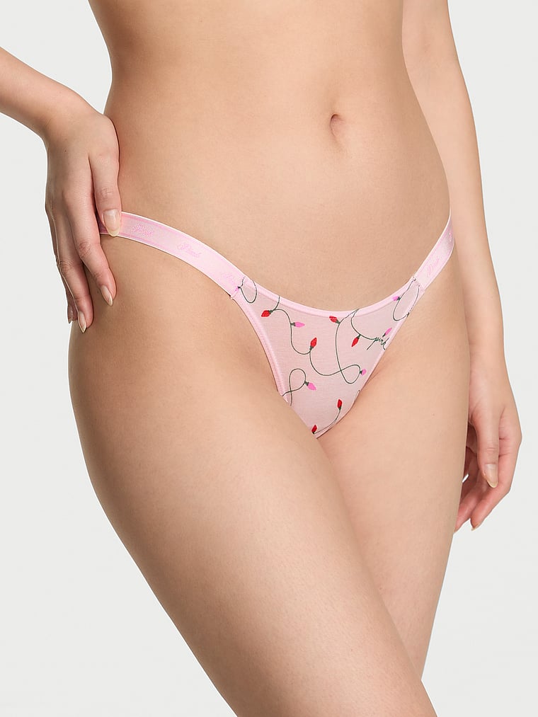 PINK Logo Cotton Shimmer Micro Thong Panty, Pink Tulip Lights Print, onModelFront, 1 of 3 Gloria is 5'9" and wears Small