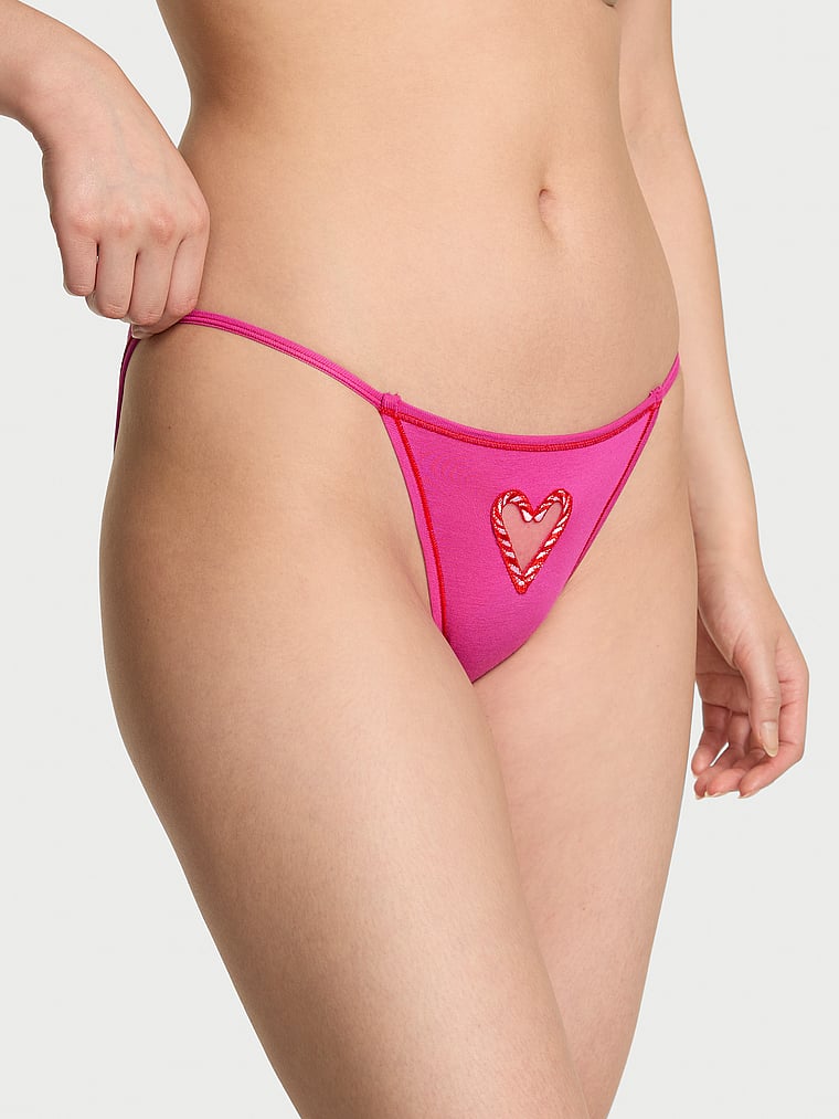 PINK Cotton String Bikini Panty, Pink Fire Candy Cane Mesh Graphic, onModelFront, 1 of 2 Gloria is 5'9" or 175cm and wears Small
