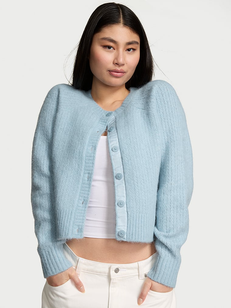 PINK Lady Cardigan, Icy Blue, onModelSide, 2 of 3 Gloria is 5'9" or 175cm and wears Small