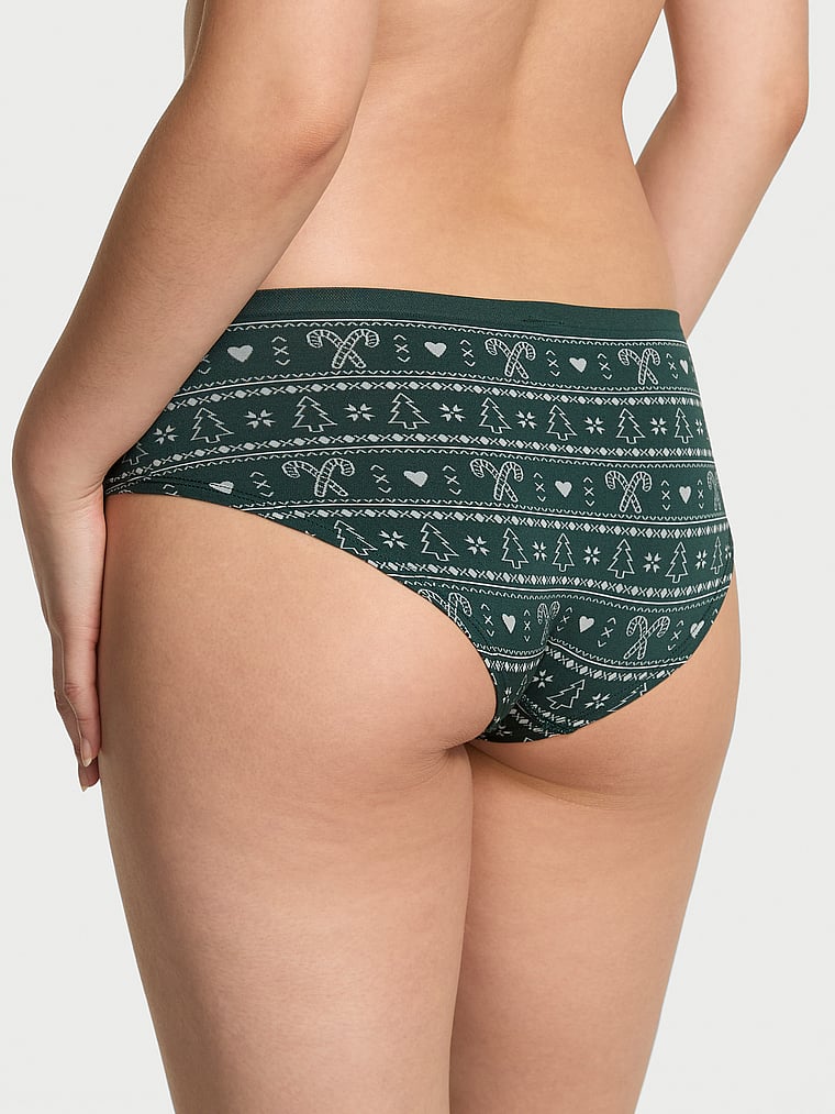PINK Seamless Hiphugger Panty, Deep Forest Green Holly-Daze Print, onModelBack, 2 of 3 Gloria is 5'9" and wears Small