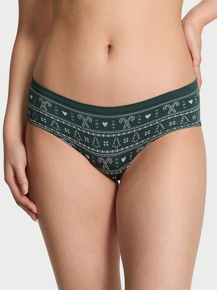 PINK Seamless Hiphugger Panty, Deep Forest Green Holly-Daze Print, onModelFront, 1 of 3 Gloria is 5'9" and wears Small