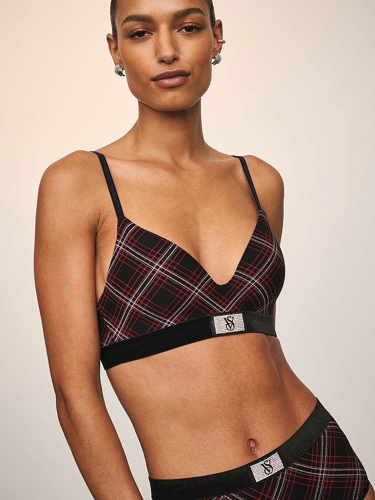 Victoria's Secret, The T-shirt Shine Patch Velvet Lightly Lined Wireless Bra, Black Plaid, onModelSide, 1 of 4 Nikita  is 5'10" or 178cm and wears 34B or Small
