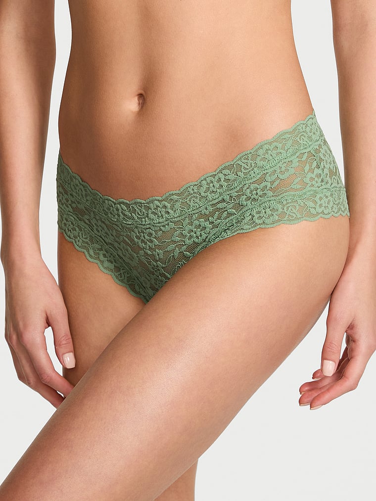 Victoria's Secret, The Lacie Lace Cheeky Panty, Simply Sage, onModelFront, 1 of 3 Aga is 5'10" and wears Small