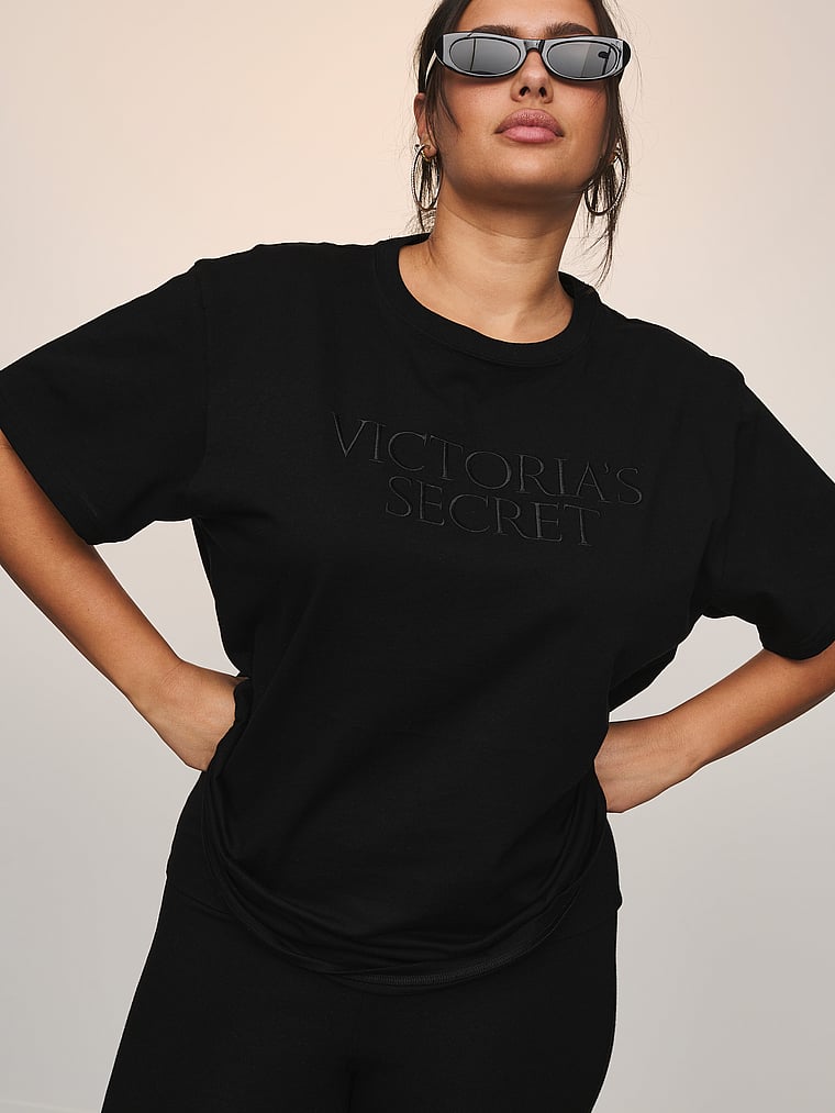 Victoria's Secret, Angel Essentials Cotton Oversized Tee, Pure Black, onModelFront, 4 of 4 Karmi is 5'10" or 178cm and wears Large