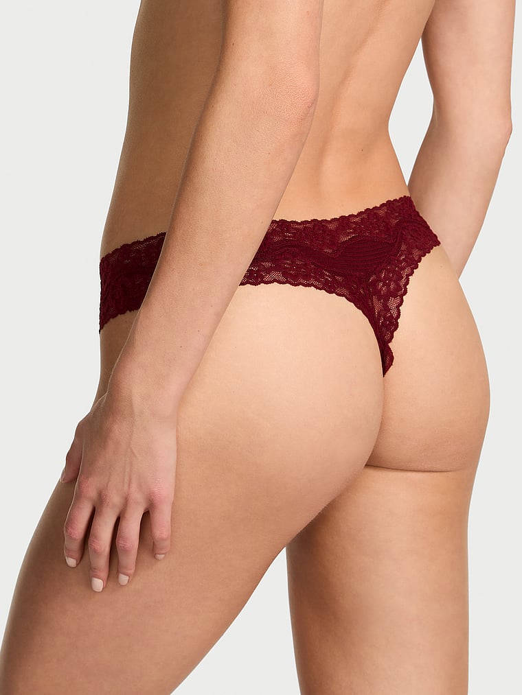 Victoria's Secret, Lace Trim Cotton Shadow Stripe Lace-Waist Thong Panty, Sangria Red, onModelBack, 2 of 2 Aga is 5'10" or 178cm and wears Small