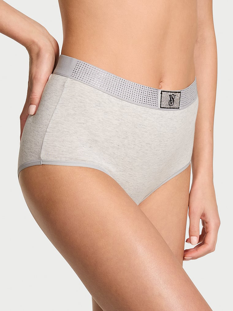 Victoria's Secret, Cotton Shine-Waist Cotton Modern Brief Panty, Stone Htr Grey, onModelFront, 1 of 2 Aga is 5'10" and wears Small