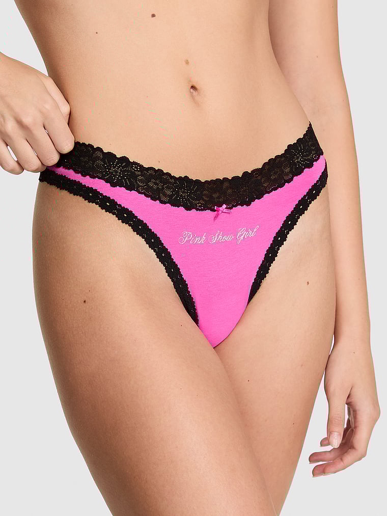 PINK Cotton Lace-Trim High-Leg Thong Panty, onModelBack, 3 of 4