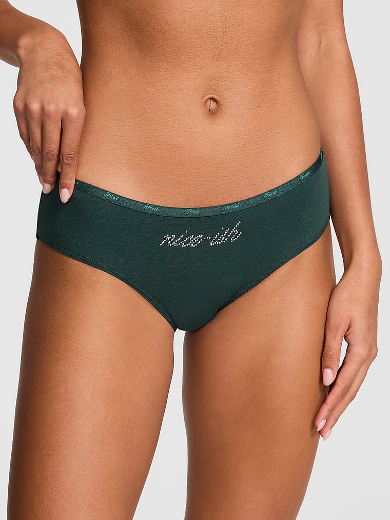 PINK Logo Cotton Hiphugger Panty, Deep Forest Nice-ish Diamante Graphic, onModelFront, 1 of 4