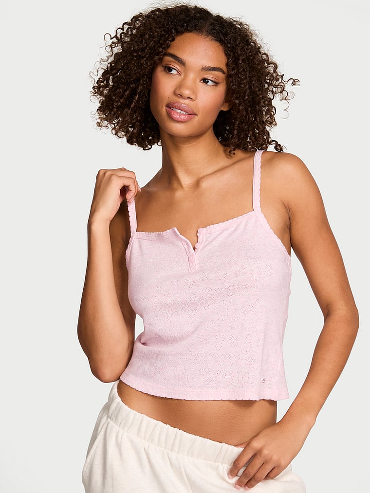 PINK Pointelle Henley Cami, Heathered Pink Petal Woven Shine, onModelFront, 1 of 2