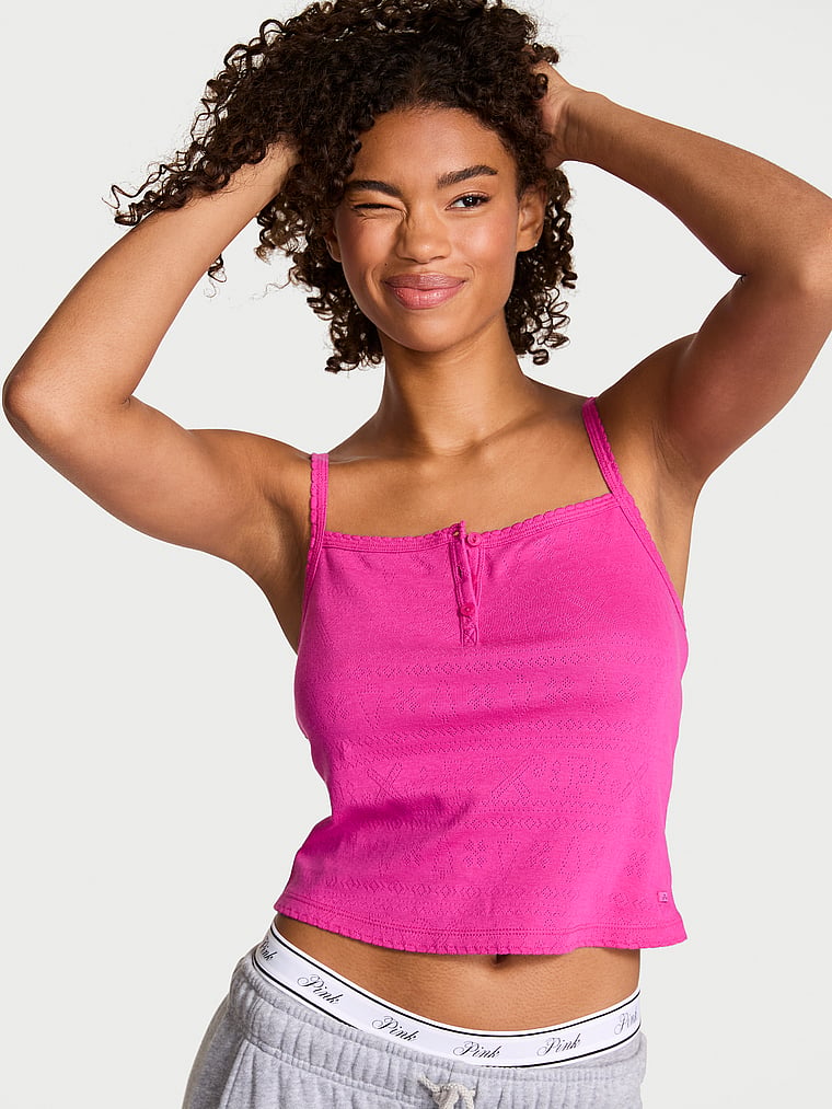 PINK Pointelle Henley Cami, Pink Fire, onModelFront, 2 of 4