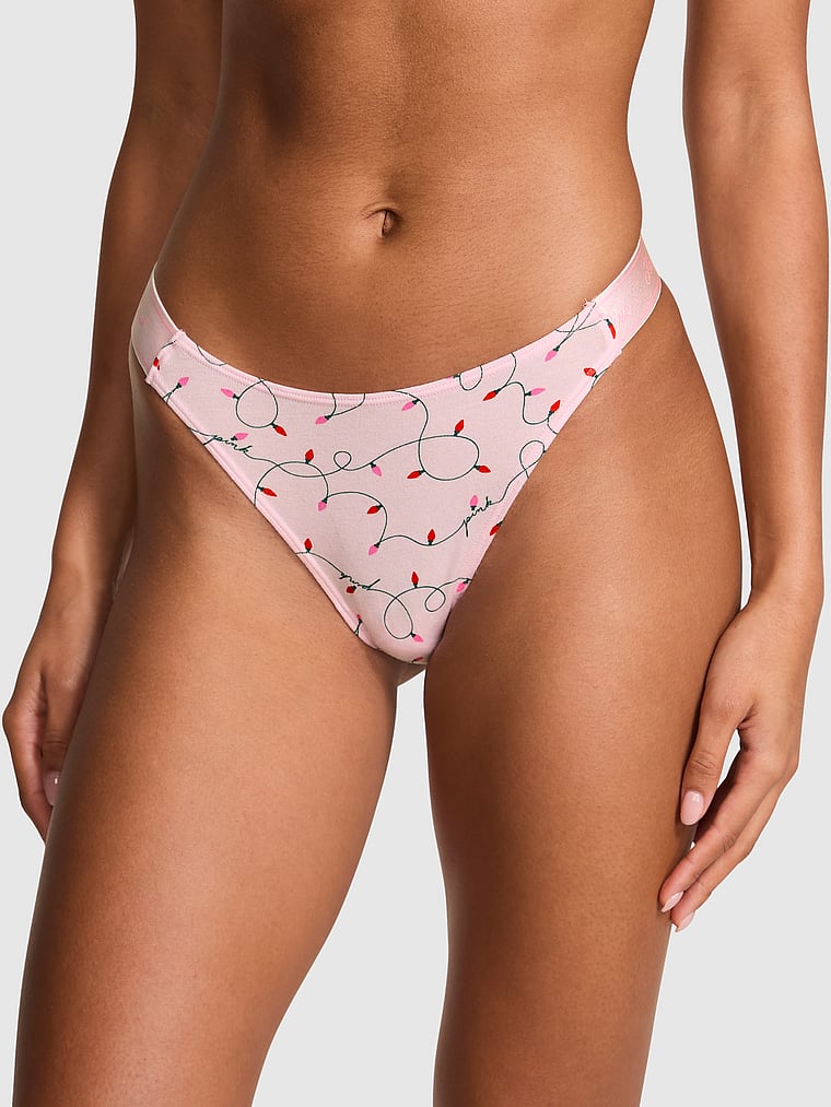 PINK Logo Thong Panty, Pink Tulip Lights Print, onModelFront, 1 of 3