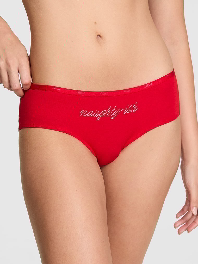 PINK Logo Cotton Hiphugger Panty, Bright Vermillion Naughty-ish Diamante Graphic, onModelFront, 2 of 3 Taylor is 5'8" and wears Small