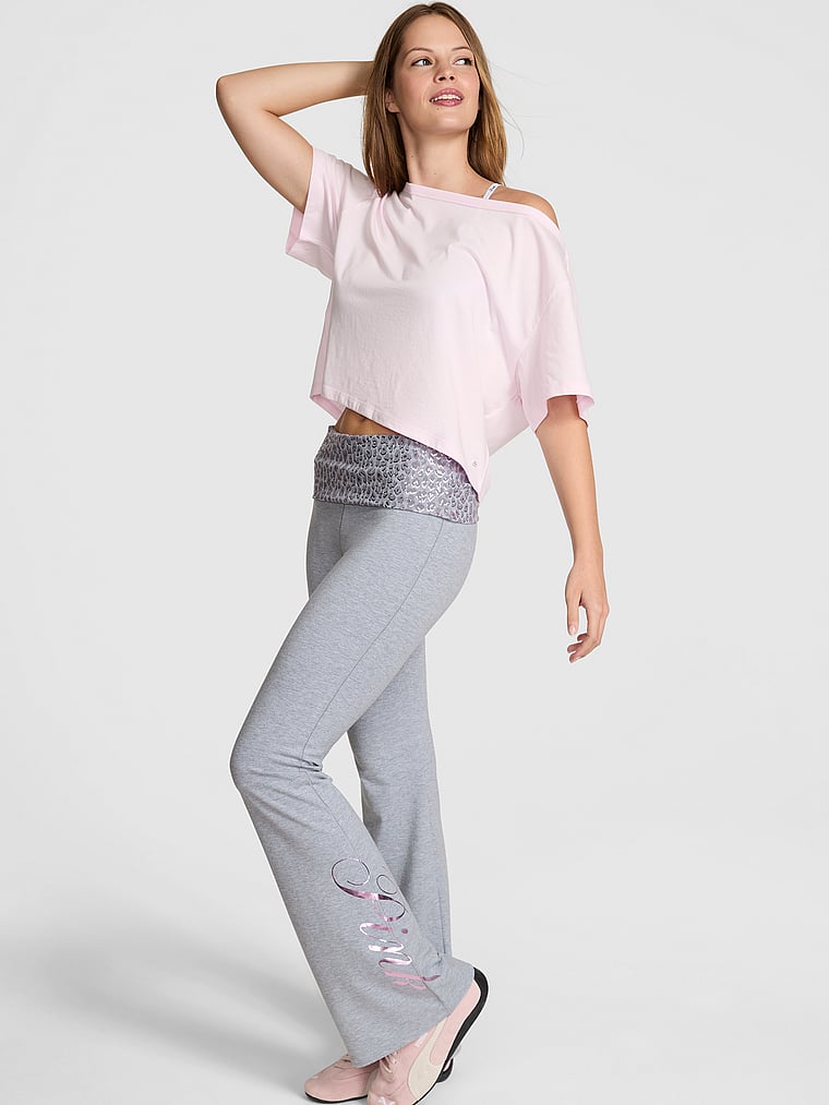 PINK All-Day Cotton Foldover Flare Leggings, Medium Heather Grey Leopard Foil, onModelFront, 1 of 3 Taylor is 5'8" or 173cm and wears Small