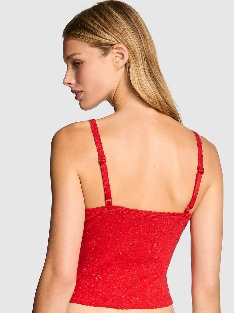 PINK Pointelle Henley Cami, Heathered Red Woven Shine, onModelSide, 2 of 3