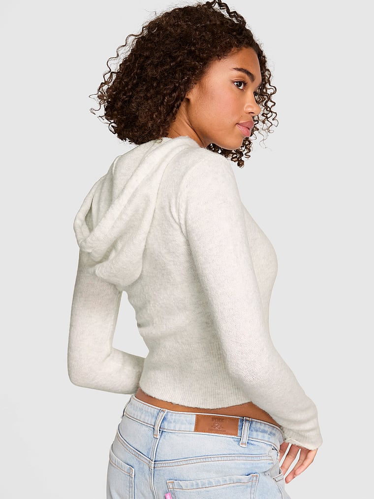PINK Front-Zip Shrunken Sweater Hoodie, VS Snow Heather, onModelBack, 2 of 2