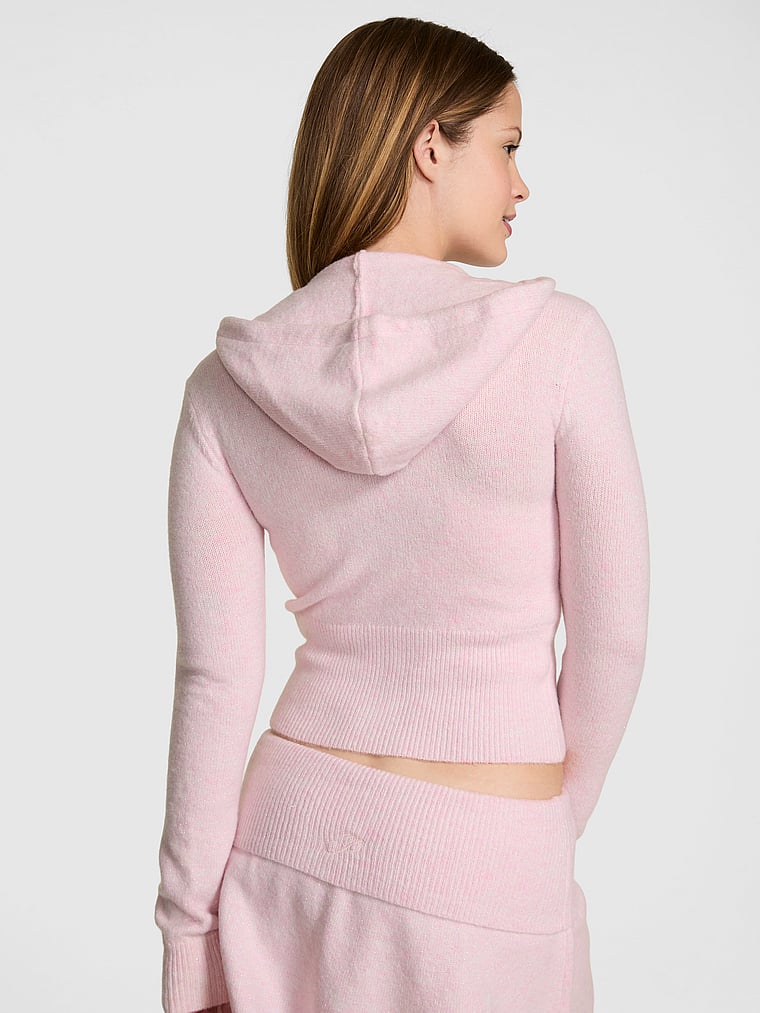 PINK Front-Zip Shrunken Sweater Hoodie, Pink Petal Heather Lurex, onModelBack, 2 of 3 Taylor is 5'8" and wears Small