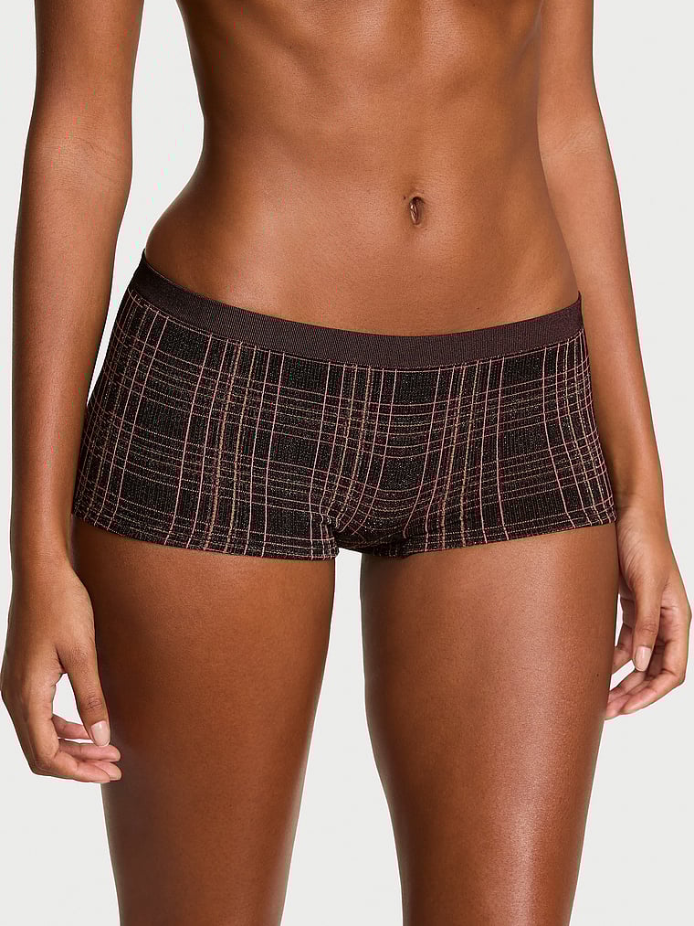 Victoria's Secret, Seamless Seamless Shine Boyshort Panty, Black Shimmer Plaid, onModelFront, 1 of 2