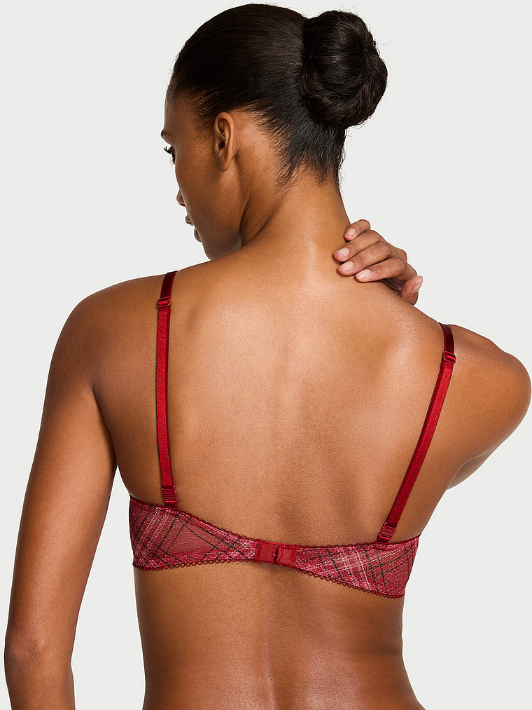 Victoria's Secret, Victoria's Secret Sexy Tee Shimmer Mesh Lace-Up Unlined Demi Bra, Red Lacquer Plaid, onModelBack, 2 of 3