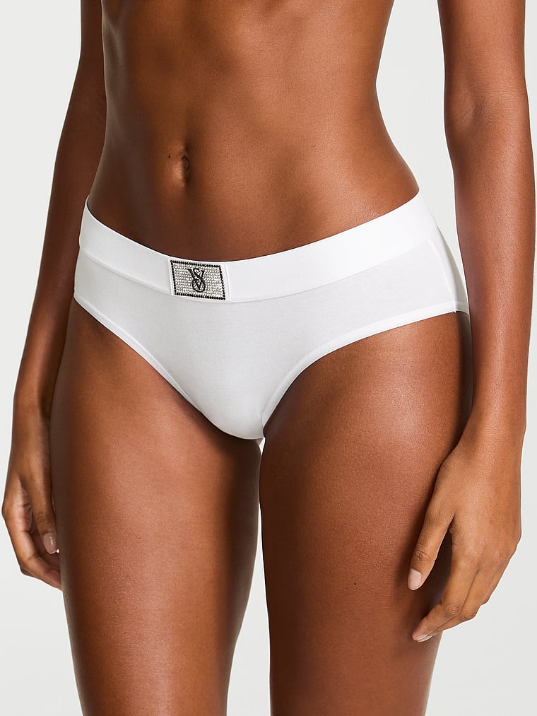 Victoria's Secret, Cotton Logo Cotton Shine Patch Hiphugger Panty, Vs White, onModelFront, 1 of 3
