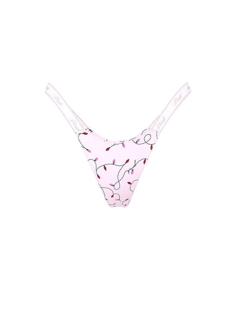 PINK Logo Cotton Shimmer Micro Thong Panty, Pink Tulip Lights Print, offModelFront, 3 of 3