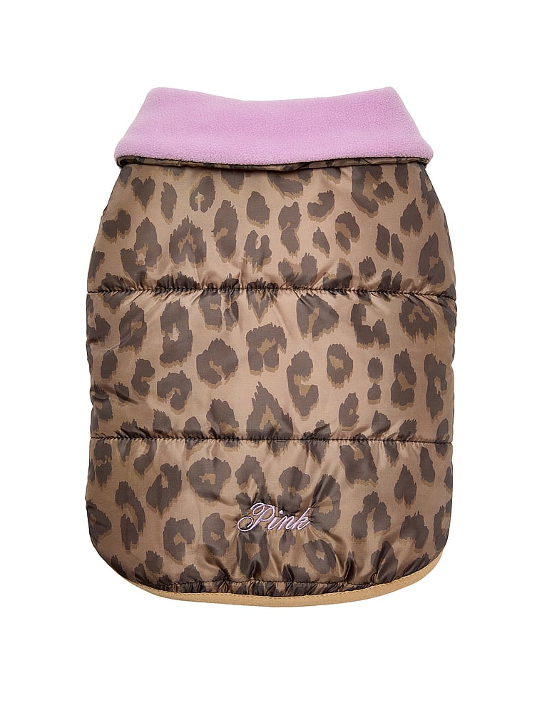 PINK PINK Pup Pet Puﬀer Jacket, Leopard Print, onModelFront, 1 of 3