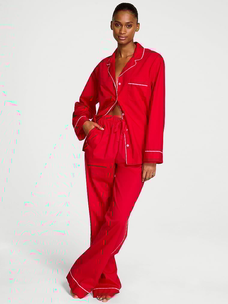 Victoria's Secret, Victoria's Secret Heritage Cotton Long Pajama Set, Lipstick, onModelFront, 1 of 2
