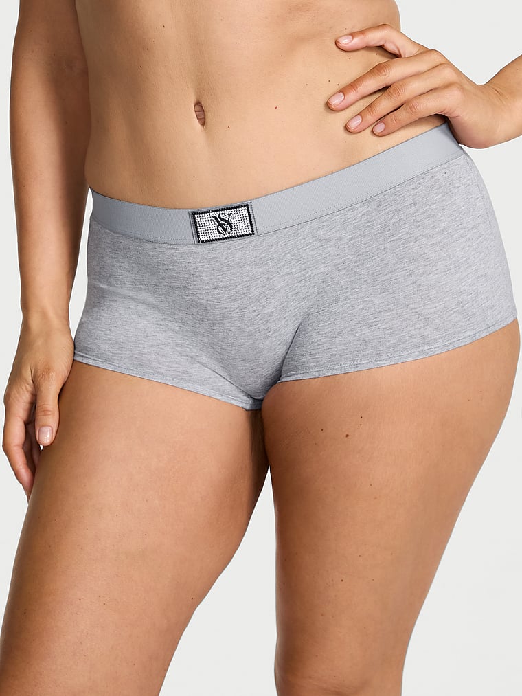 Victoria's Secret, Cotton Logo Cotton Shine Patch Boyshort Panty, Medium Heather Grey, onModelFront, 1 of 4
