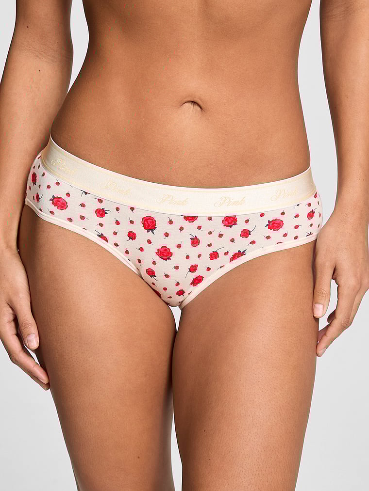 PINK Logo Cotton Hiphugger Panty, Winter White Rose Floral Print, onModelFront, 1 of 3