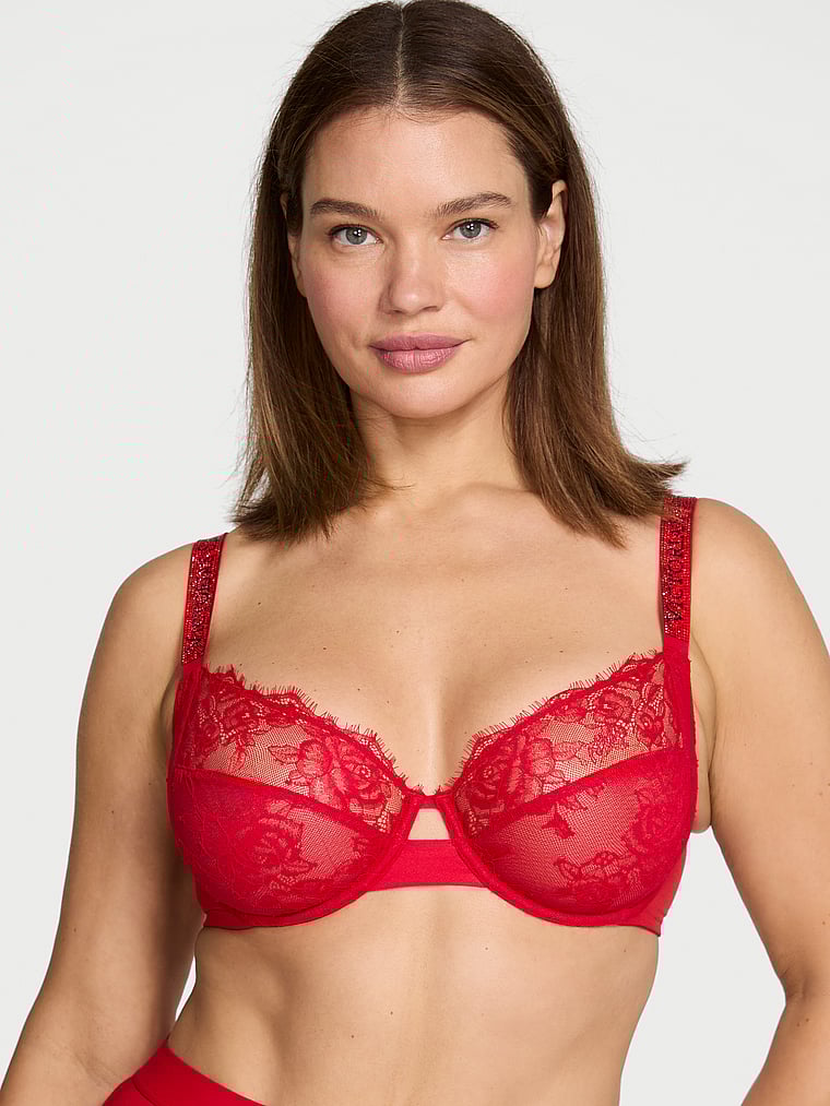 Victoria's Secret, Very Sexy Fabulous by Victoria's Secret Shine Strap Lace Unlined Full-Cup Bra, Lipstick, onModelFront, 1 of 4