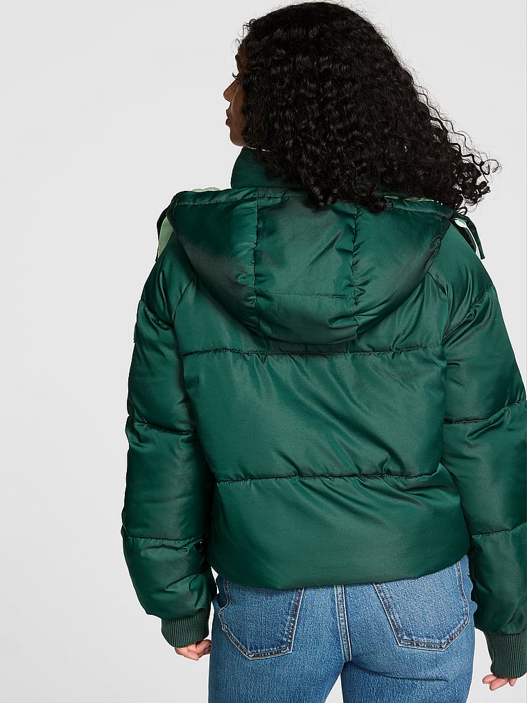 PINK Marshmallow Cropped Puﬀer Jacket, Deep Forest, onModelBack, 2 of 3