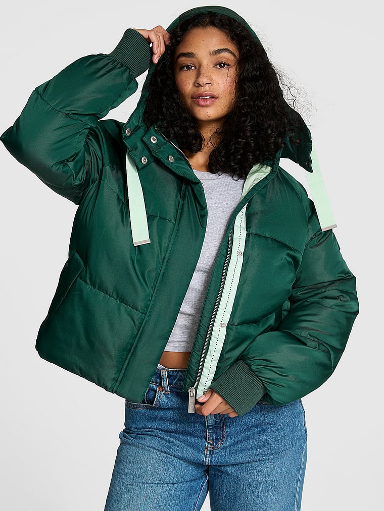 PINK Marshmallow Cropped Puﬀer Jacket, Deep Forest, onModelFront, 1 of 3