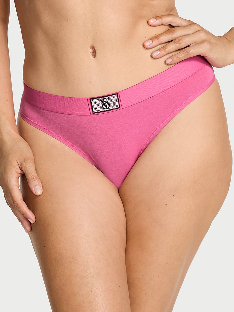 Victoria's Secret, Cotton Logo Cotton Shine Patch Thong Panty, Rose Garden Pink, onModelFront, 1 of 4