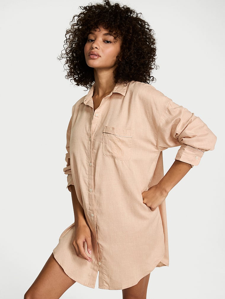 Victoria's Secret, Victoria's Secret Modal-Cotton Shimmer Button-Front Sleepshirt, onModelFront, 1 of 3