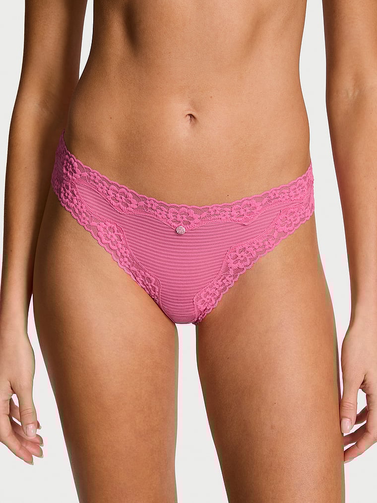 Victoria's Secret, Lace Trim Cotton Lace-Trim Sparkle Bikini Panty, Rose Garden Pink, onModelFront, 1 of 2 Kennidy is 5'11" or 180cm and wears Small