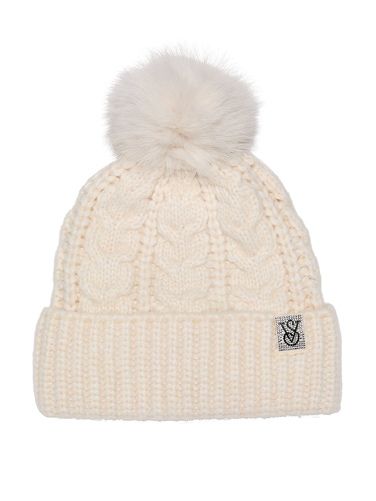 Victoria's Secret, Victoria's Secret Cozy Cable-Knit Pom Beanie, Swan Studs, offModelFront, 2 of 2