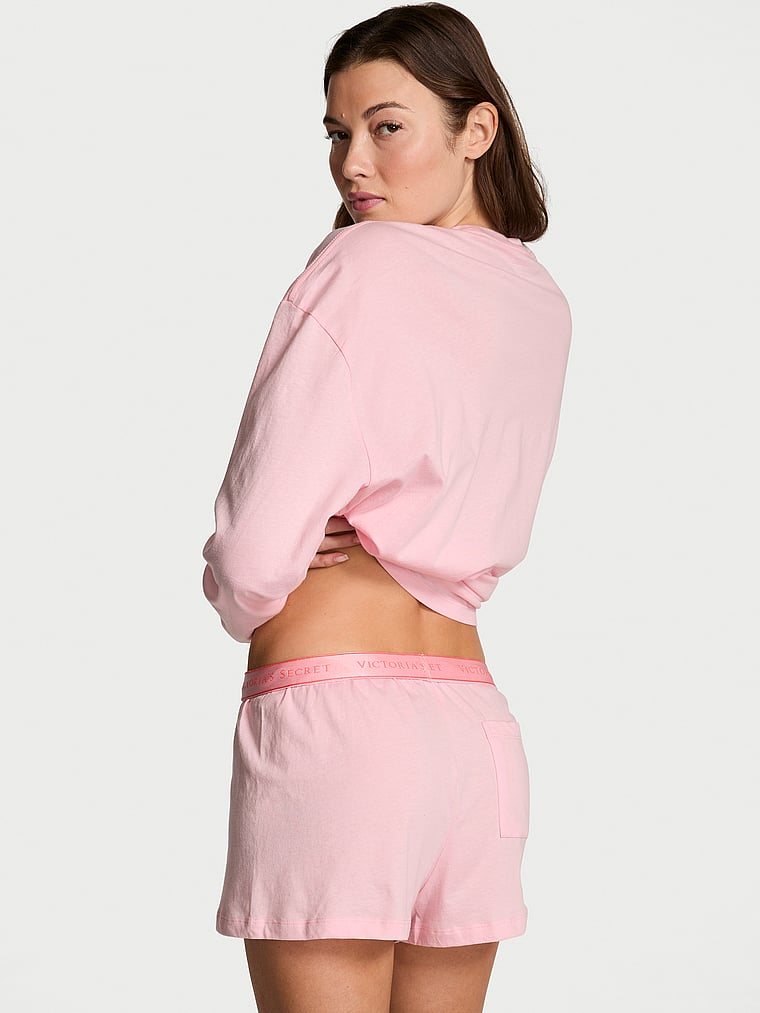 Victoria's Secret, Victoria's Secret Flannel Long-Sleeve Short Tee-Jama Set, Pink, onModelBack, 2 of 2 Kennidy is 5'11" or 180cm and wears S/Long