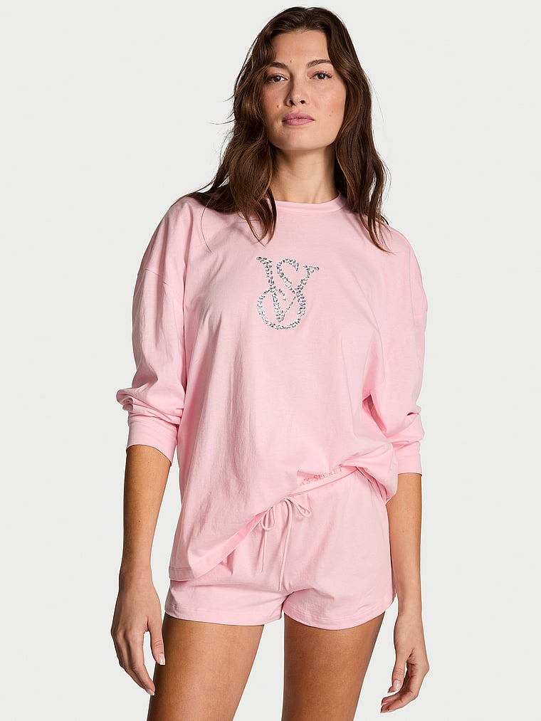 Victoria's Secret, Victoria's Secret Flannel Long-Sleeve Short Tee-Jama Set, Pink, onModelFront, 1 of 2 Kennidy is 5'11" or 180cm and wears S/Long