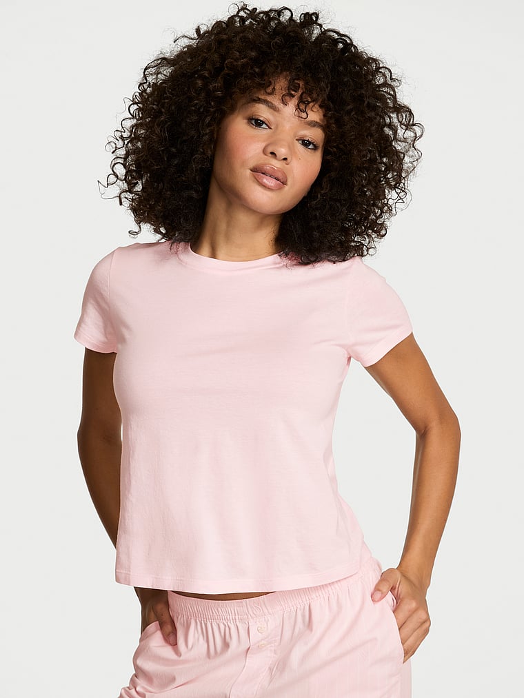 Victoria's Secret, Victoria's Secret Mix & Match Sleep Perfect Cotton Tee, Pink, onModelFront, 1 of 4