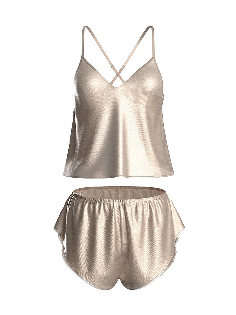 Victoria's Secret, Victoria's Secret Gold Chiffon Open-Back Cami & Shorts Set, Gold Foil, offModelFront, 3 of 3