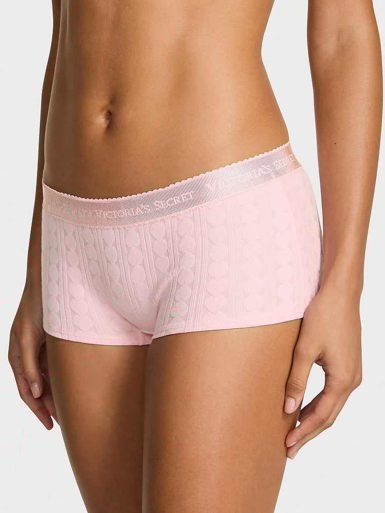 Victoria's Secret, Cotton Logo Heart Pointelle Boyshort Panty, Pretty Blossom, onModelFront, 1 of 3